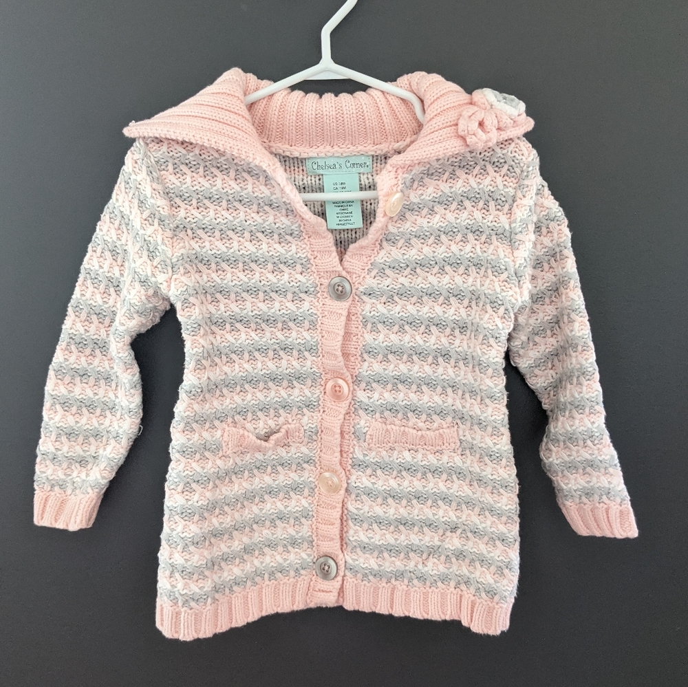 Pink & grey button up knit sweater flower detail